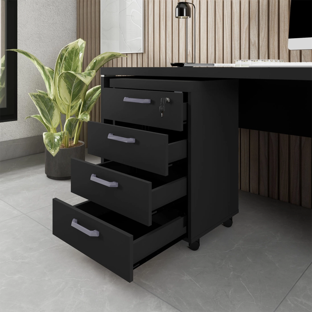 Gaveteiro Organizador Escritório 4 Gavetas e Chave F5 Office Cor:Preto