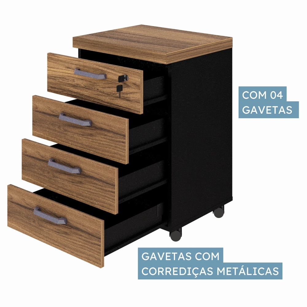 Gaveteiro p/ Escritório 4 Gavetas com Puxadores Nogal Pr F5 Cor:Nogal com Preto