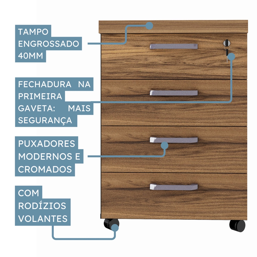Gaveteiro p/ Escritório 4 Gavetas com Puxadores Nogal Pr F5 Cor:Nogal com Preto