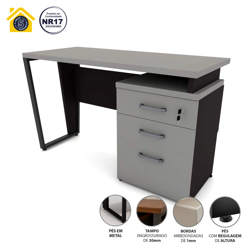 Mesa de Escritório 1,20m com Gaveteiro 3 Gavetas CS Pre F5 Cor:Cinza Sagrado com Preto
