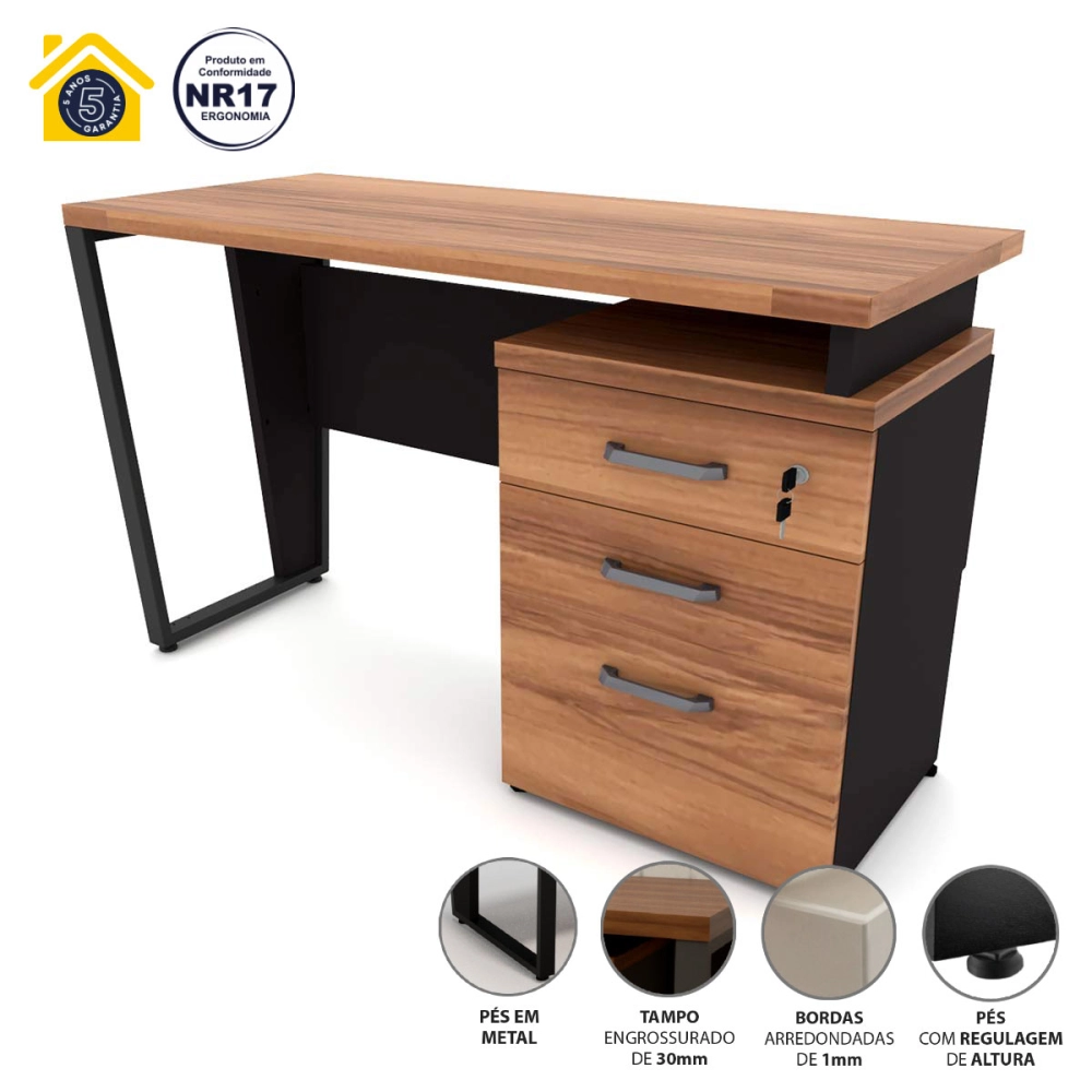 Mesa de Escritório 1,20m com Gaveteiro 3 Gavetas Nogal F5 Cor:Nogal com Preto
