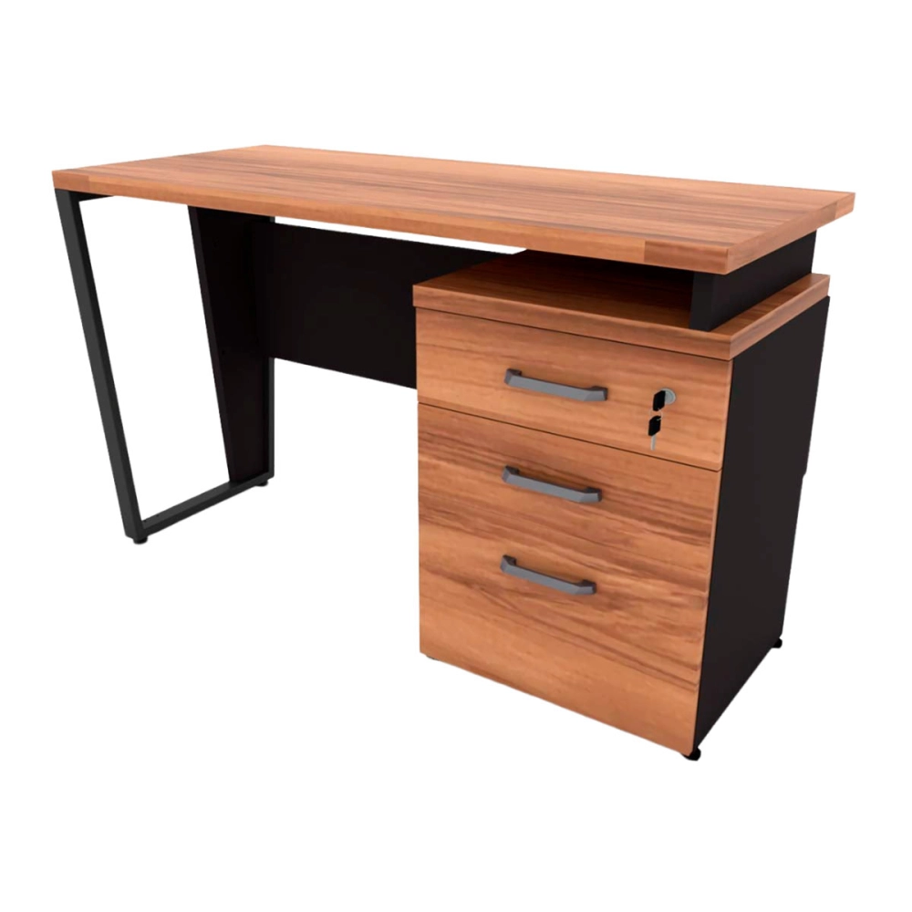 Mesa de Escritório 1,20m com Gaveteiro 3 Gavetas Nogal F5 Cor:Nogal com Preto