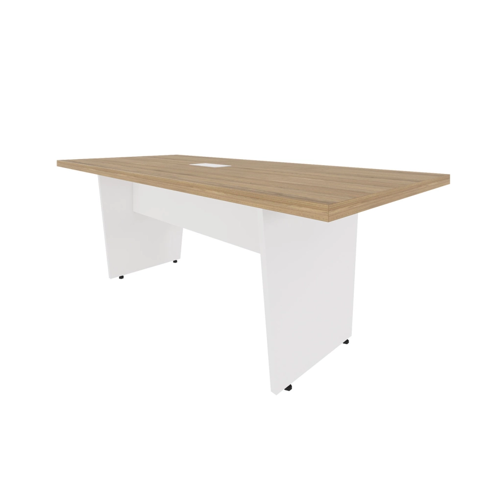 Mesa de Escritório 2,00m 1 CX de Tomada Pé Painel Angular F5 Cor:Macadâmia com Branco