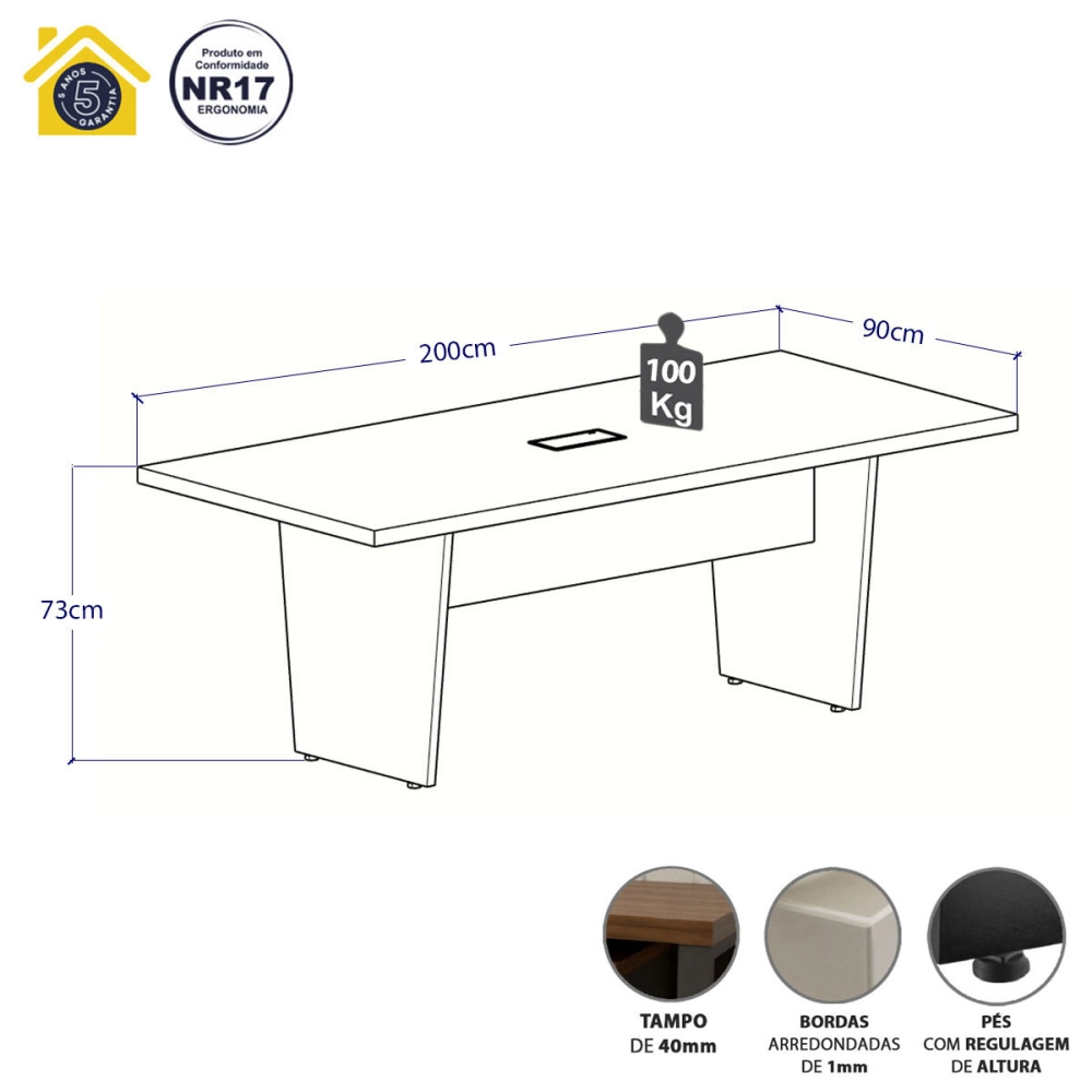 Mesa de Escritório 2,00m 1 CX de Tomada Pé Painel Angular F5 Cor:Macadâmia com Branco