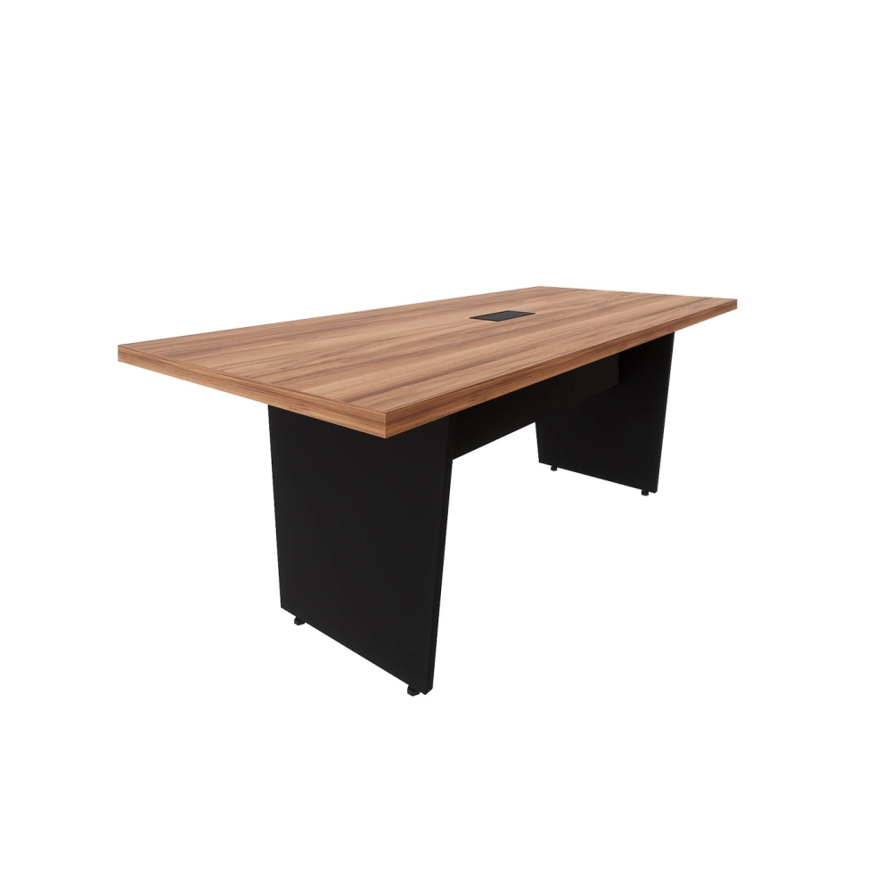 Mesa de Escritório 2,00m 1 CX de Tomada Pé Painel Angular F5 Cor:Nogal com Preto