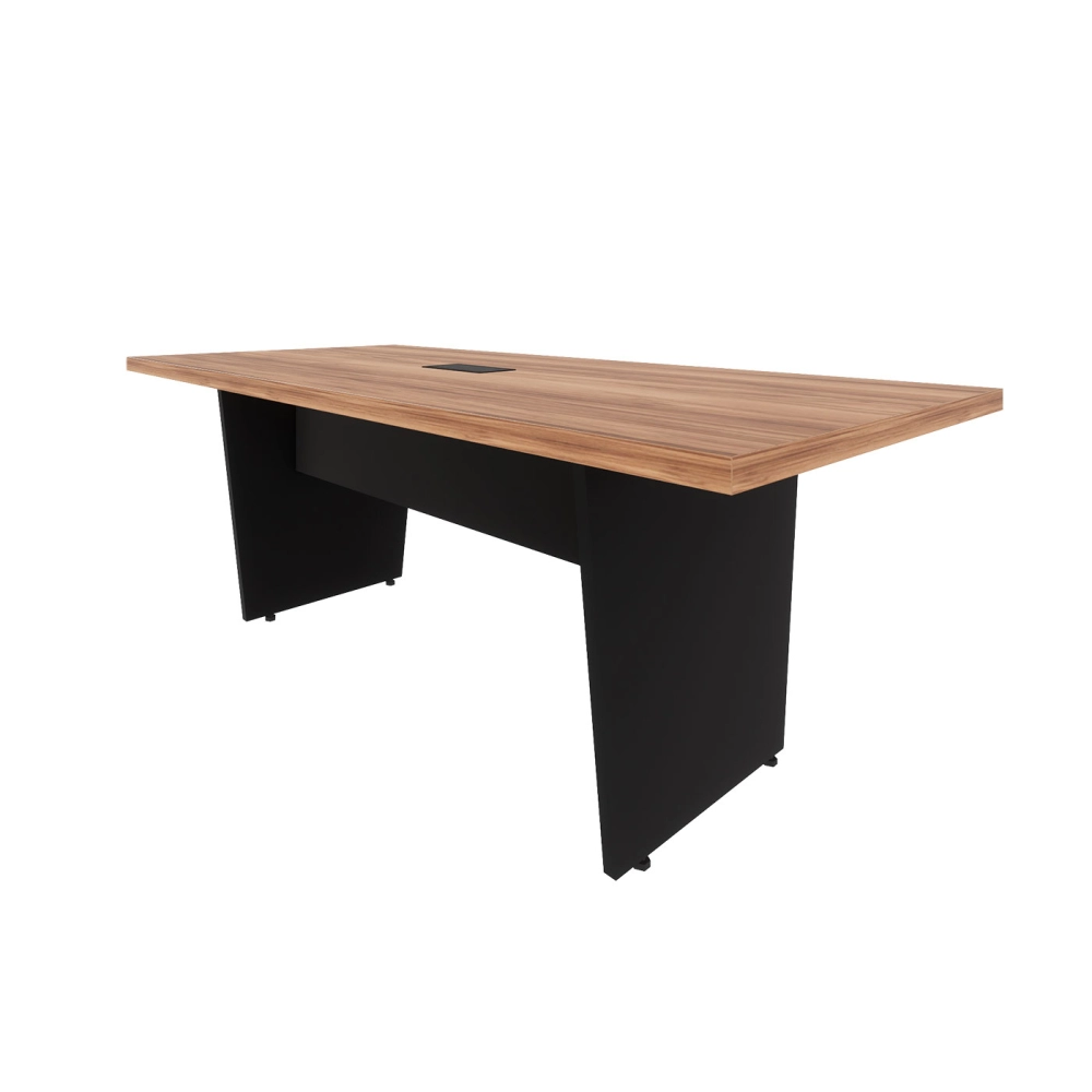 Mesa de Escritório 2,00m 1 CX de Tomada Pé Painel Angular F5 Cor:Nogal com Preto