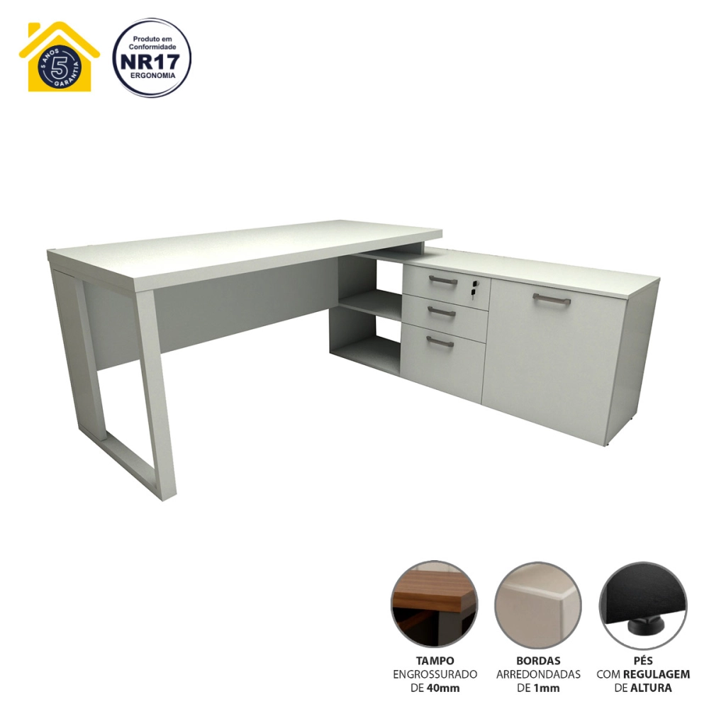Mesa de Escritório Diretor em L Industrial 150cm Pés Metal Cor:Cinza Claro