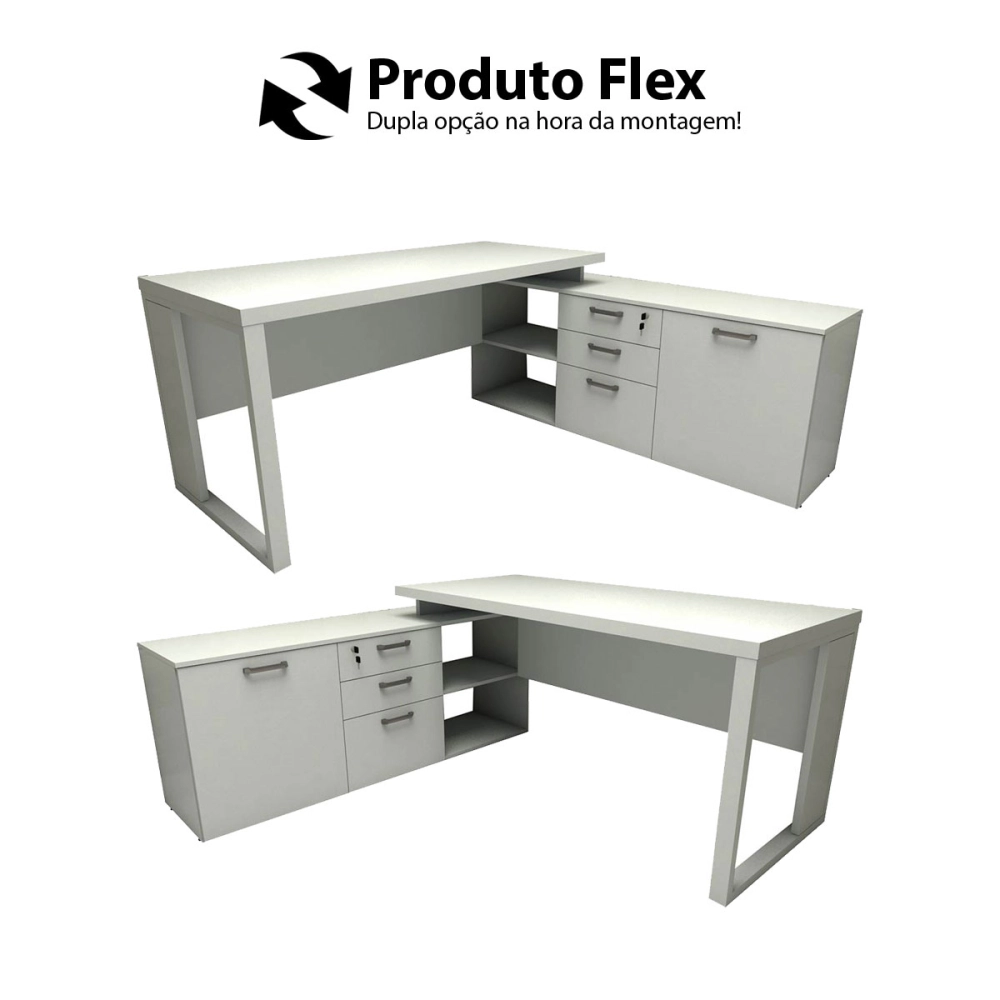 Mesa de Escritório Diretor em L Industrial 150cm Pés Metal Cor:Cinza Claro