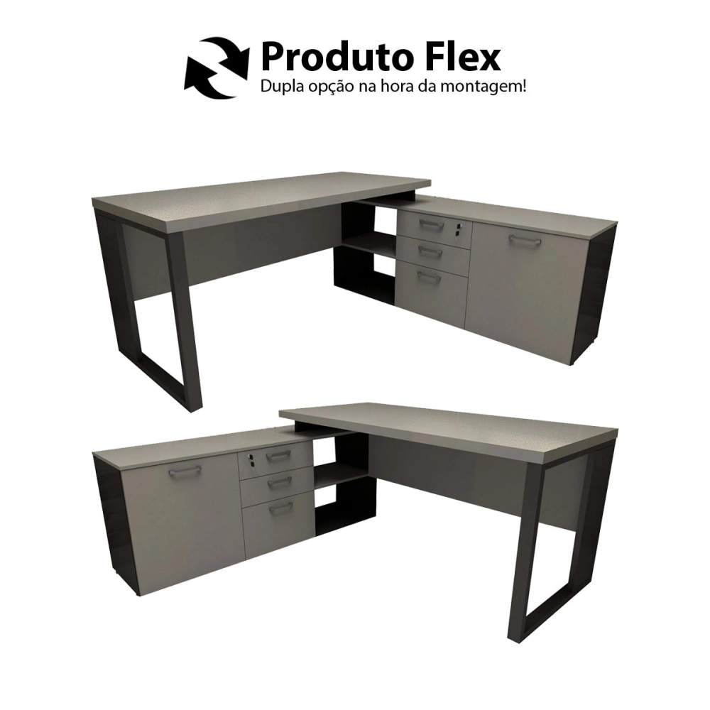 Mesa de Escritório Diretor em L Industrial 150cm Pés Metal Cor:Cinza Sagrado com Preto