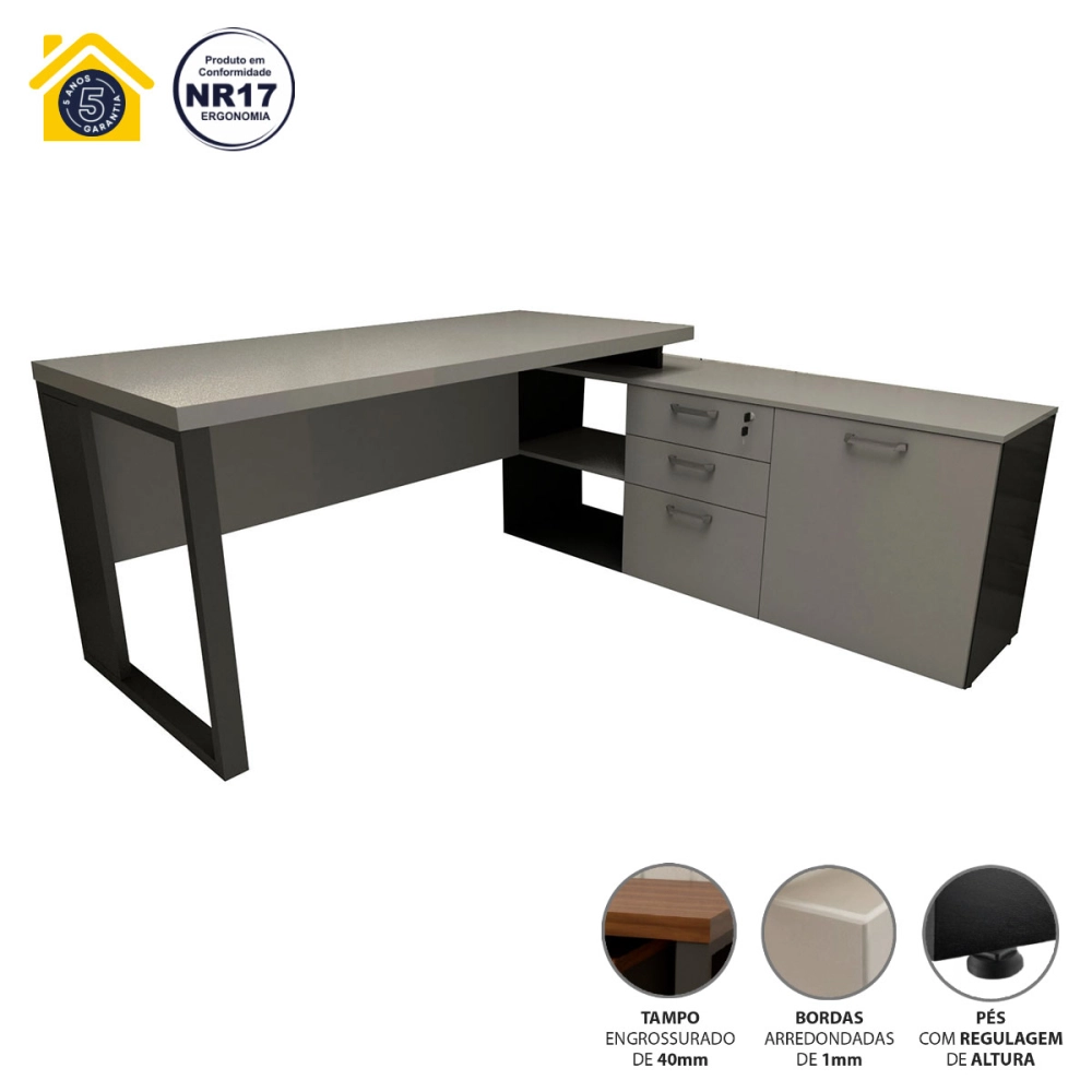 Mesa de Escritório Diretor em L Industrial 150cm Pés Metal Cor:Cinza Sagrado com Preto