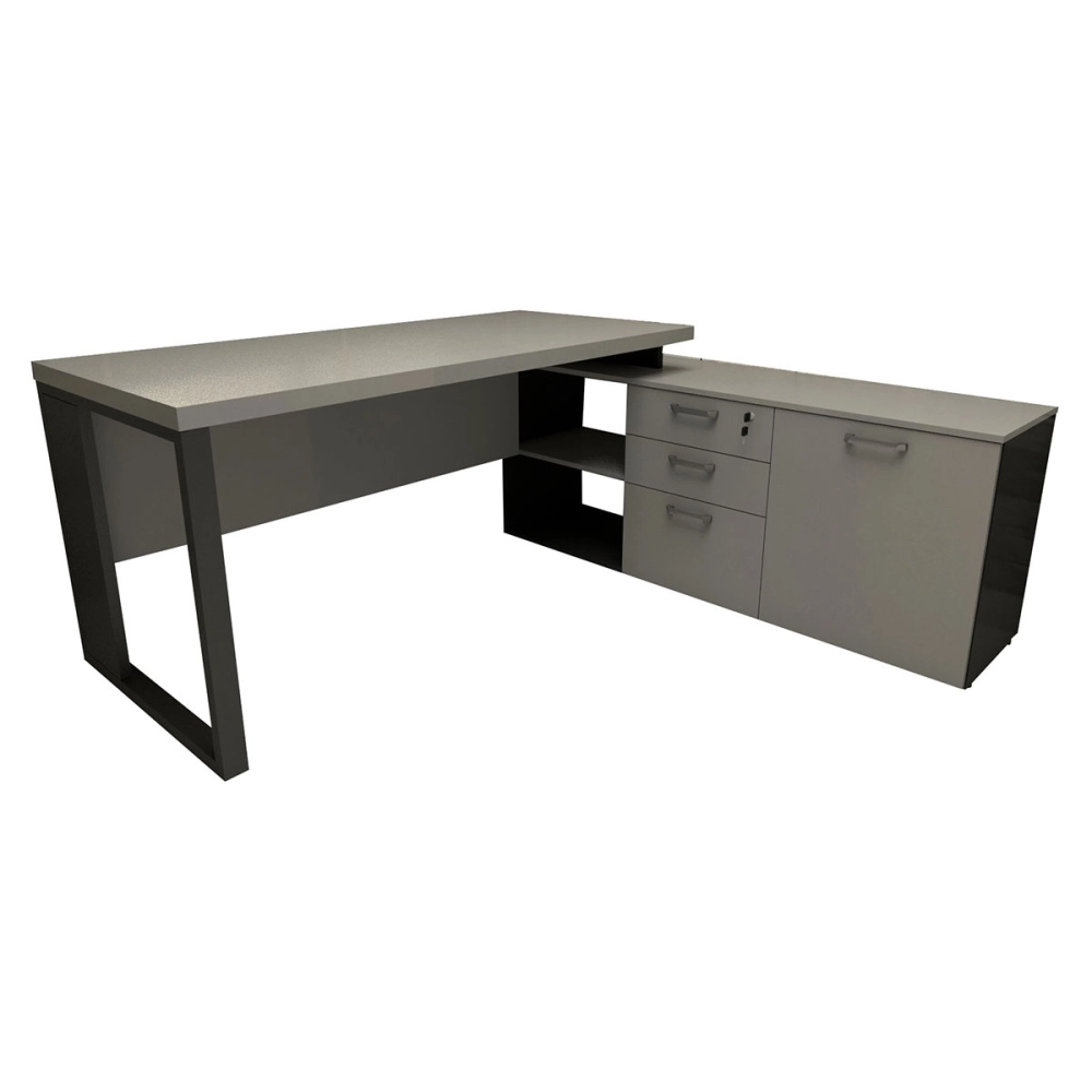 Mesa de Escritório Diretor em L Industrial 150cm Pés Metal Cor:Cinza Sagrado com Preto