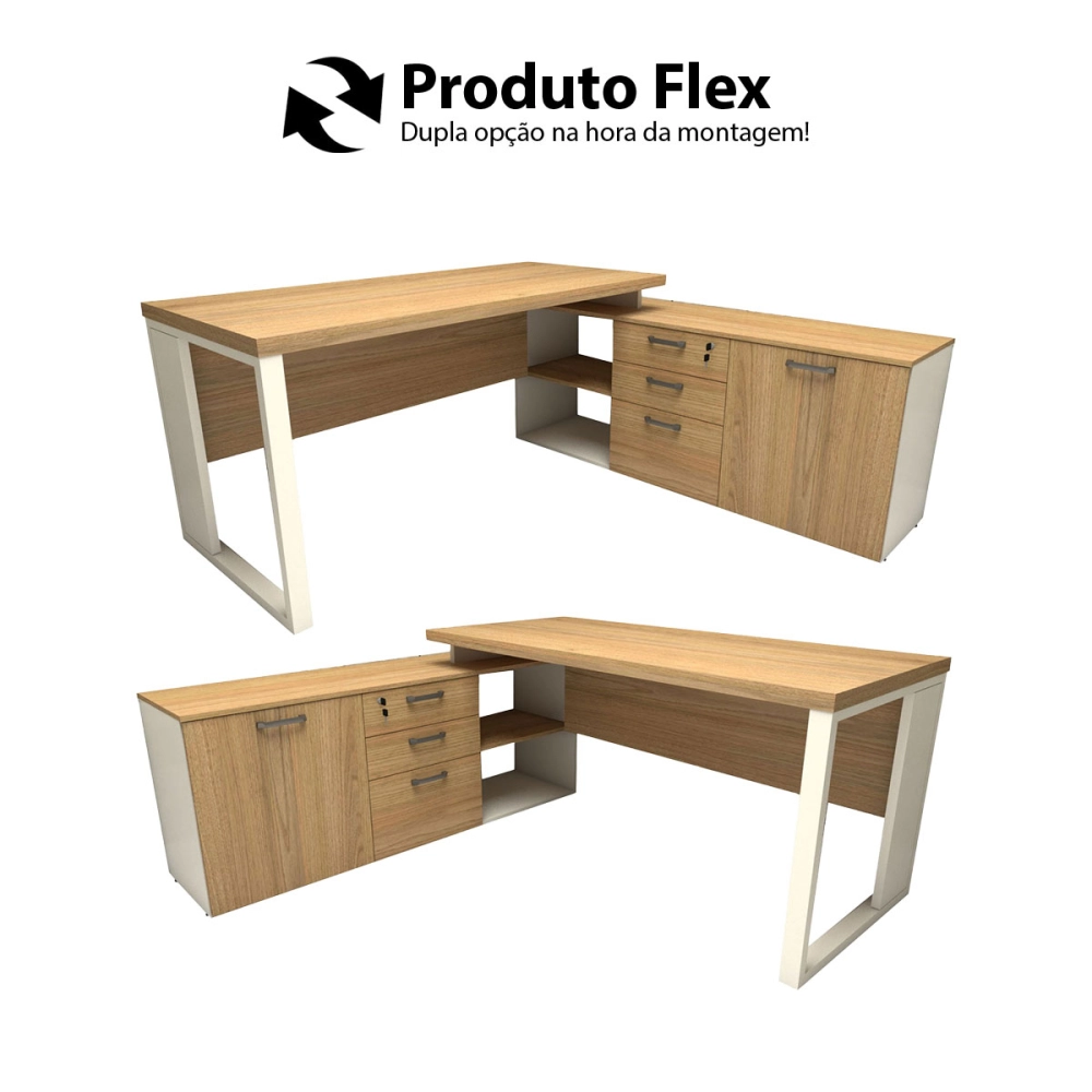 Mesa de Escritório Diretor em L Industrial 150cm Pés Metal Cor:Macadâmia com Branco