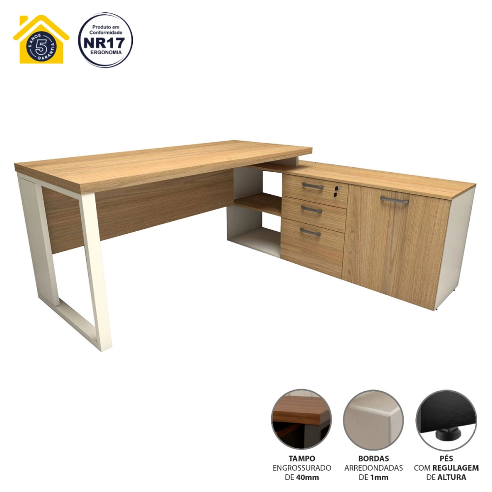 Mesa de Escritório Diretor em L Industrial 150cm Pés Metal Cor:Macadâmia com Branco