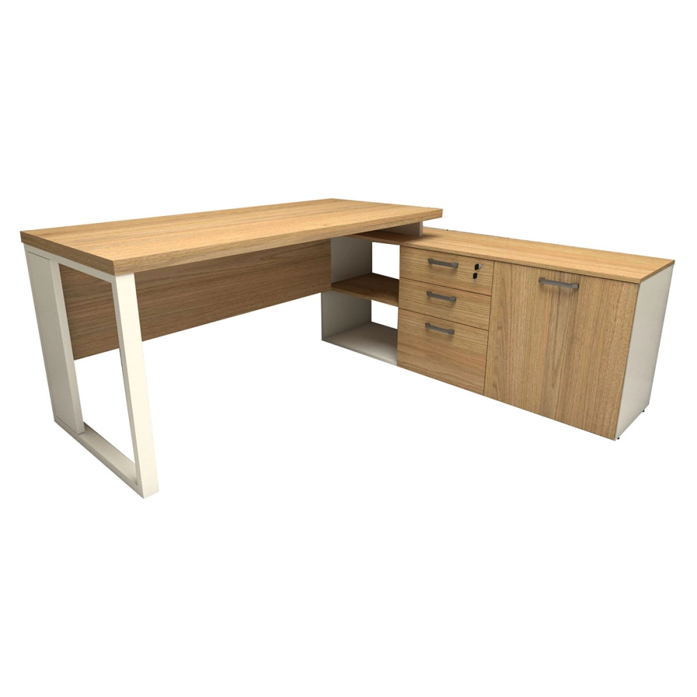 Mesa de Escritório Diretor em L Industrial 150cm Pés Metal Cor:Macadâmia com Branco