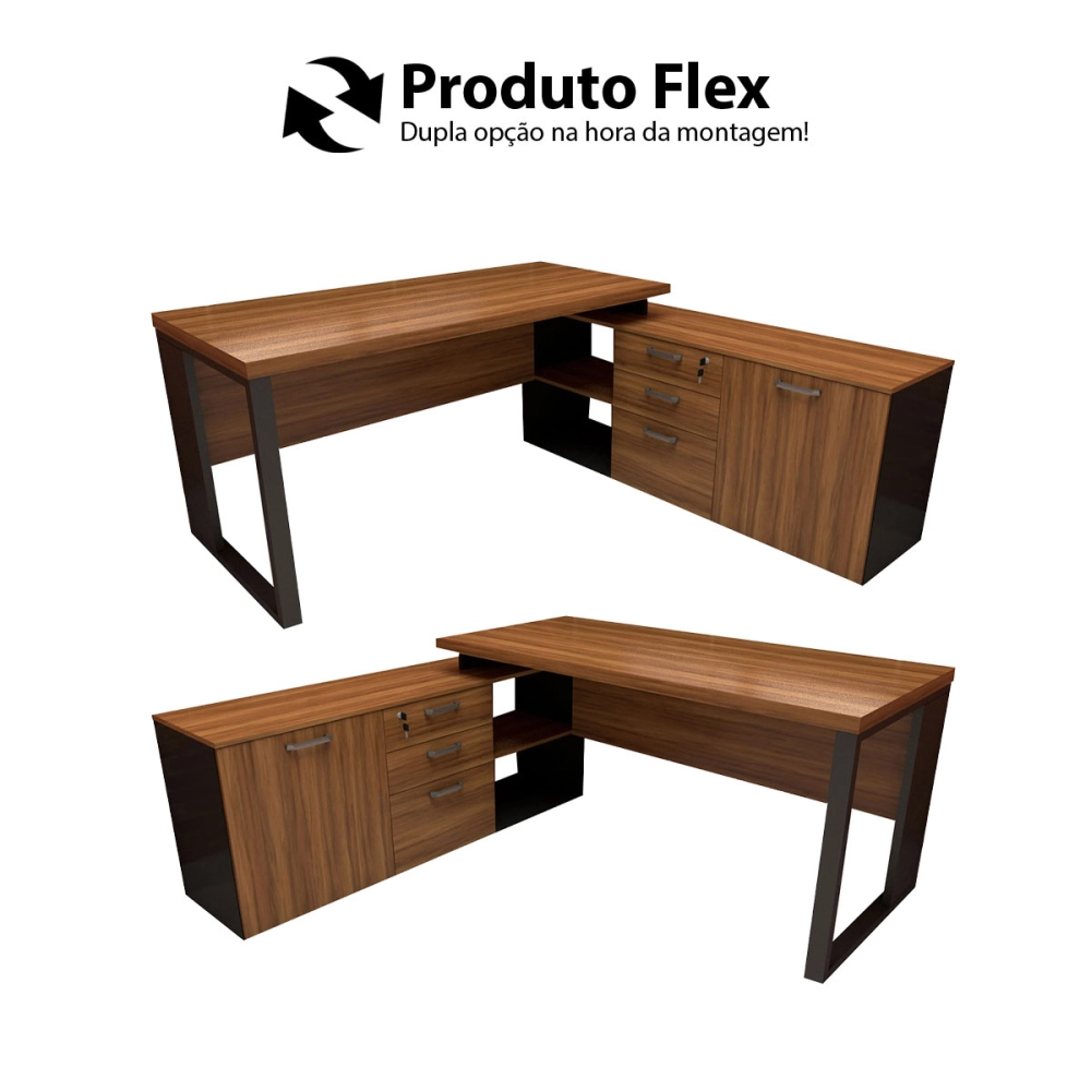 Mesa de Escritório Diretor em L Industrial 150cm Pés Metal Cor:Nogal com Preto