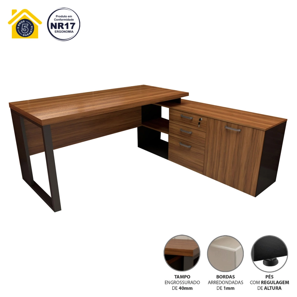 Mesa de Escritório Diretor em L Industrial 150cm Pés Metal Cor:Nogal com Preto