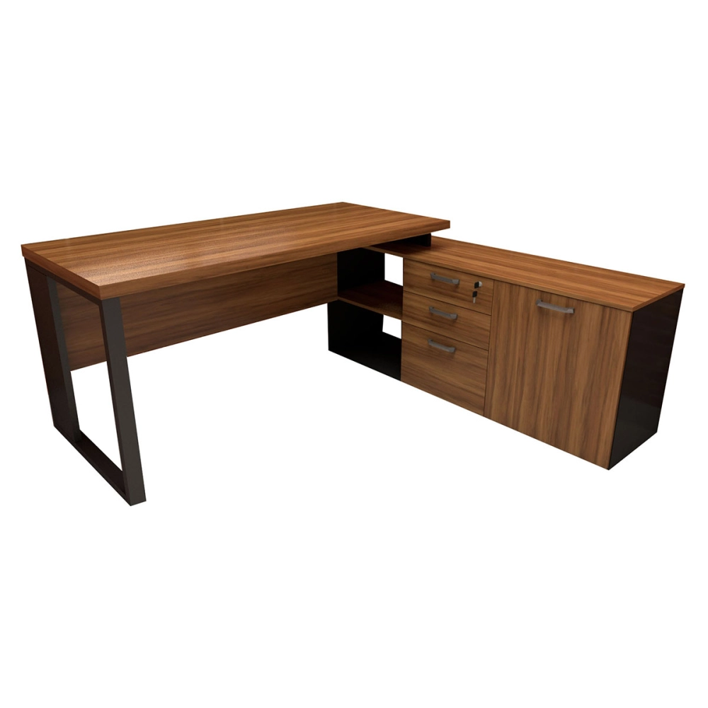 Mesa de Escritório Diretor em L Industrial 150cm Pés Metal Cor:Nogal com Preto