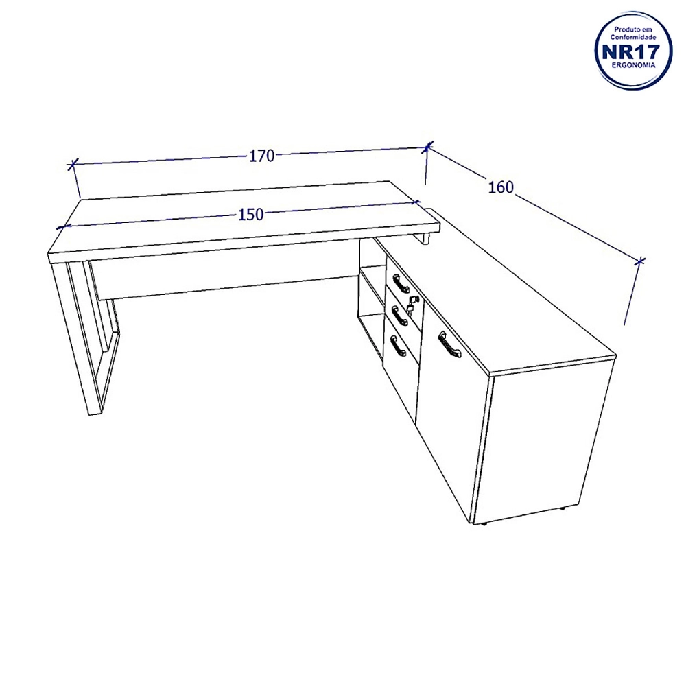 Mesa de Escritório Diretor em L Industrial 150cm Pés Metal Cor:Nogal com Preto