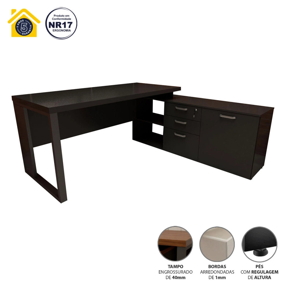 Mesa de Escritório Diretor em L Industrial 150cm Pés Metal Cor:Preto