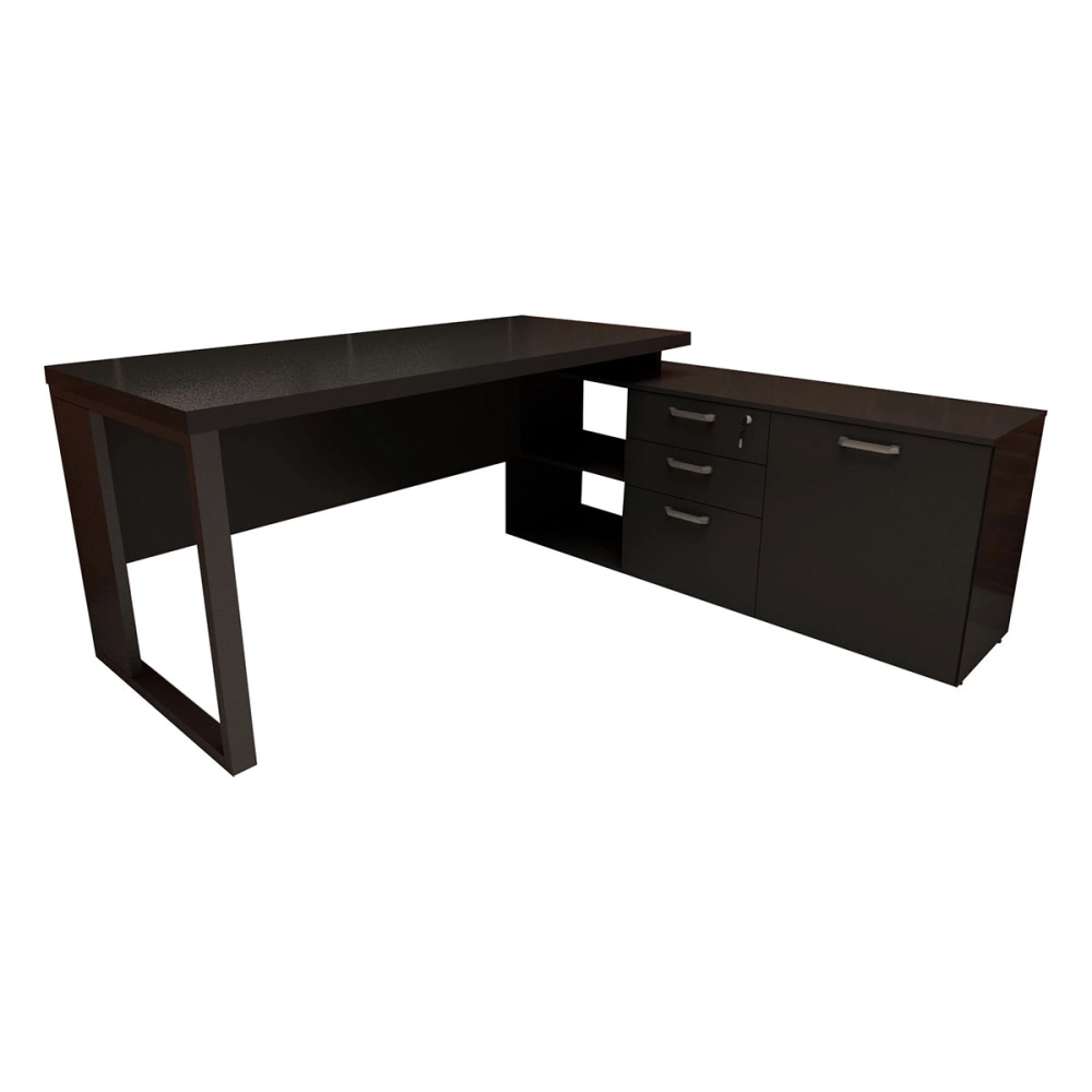 Mesa de Escritório Diretor em L Industrial 150cm Pés Metal Cor:Preto