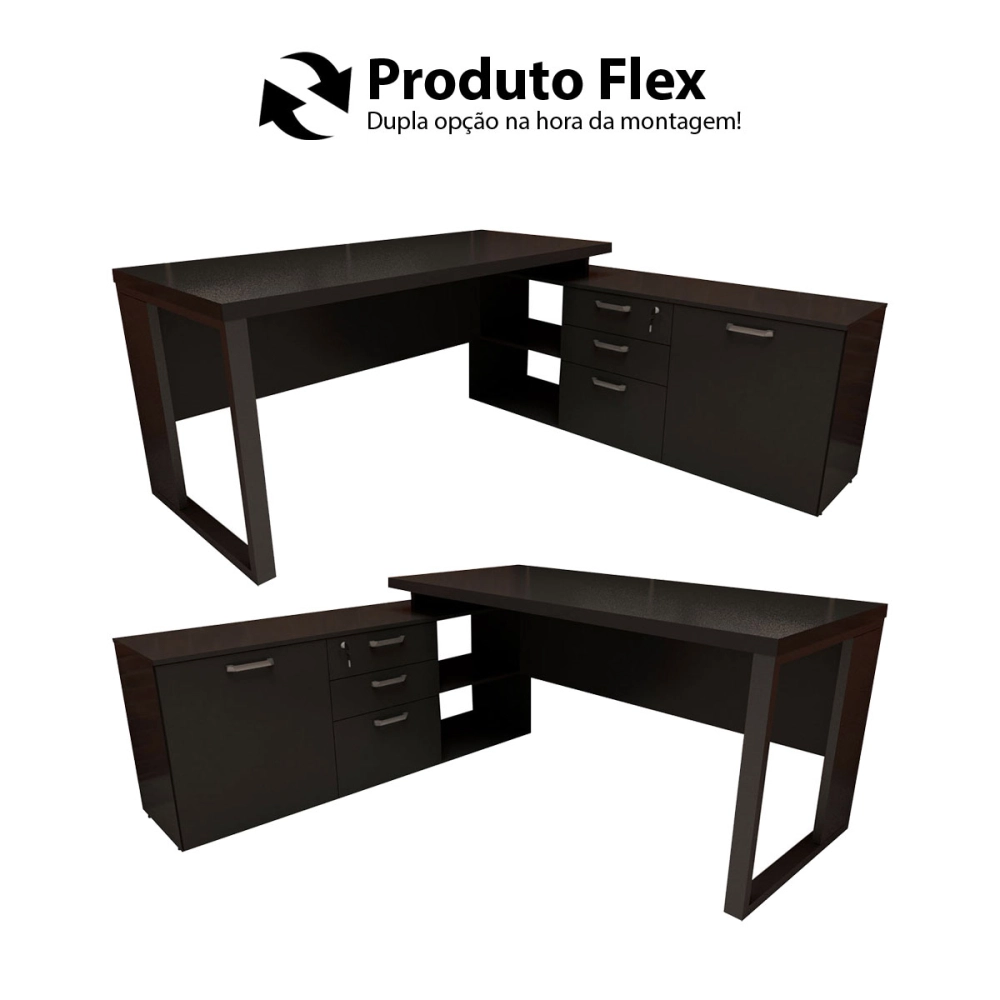 Mesa de Escritório Diretor em L Industrial 150cm Pés Metal Cor:Preto