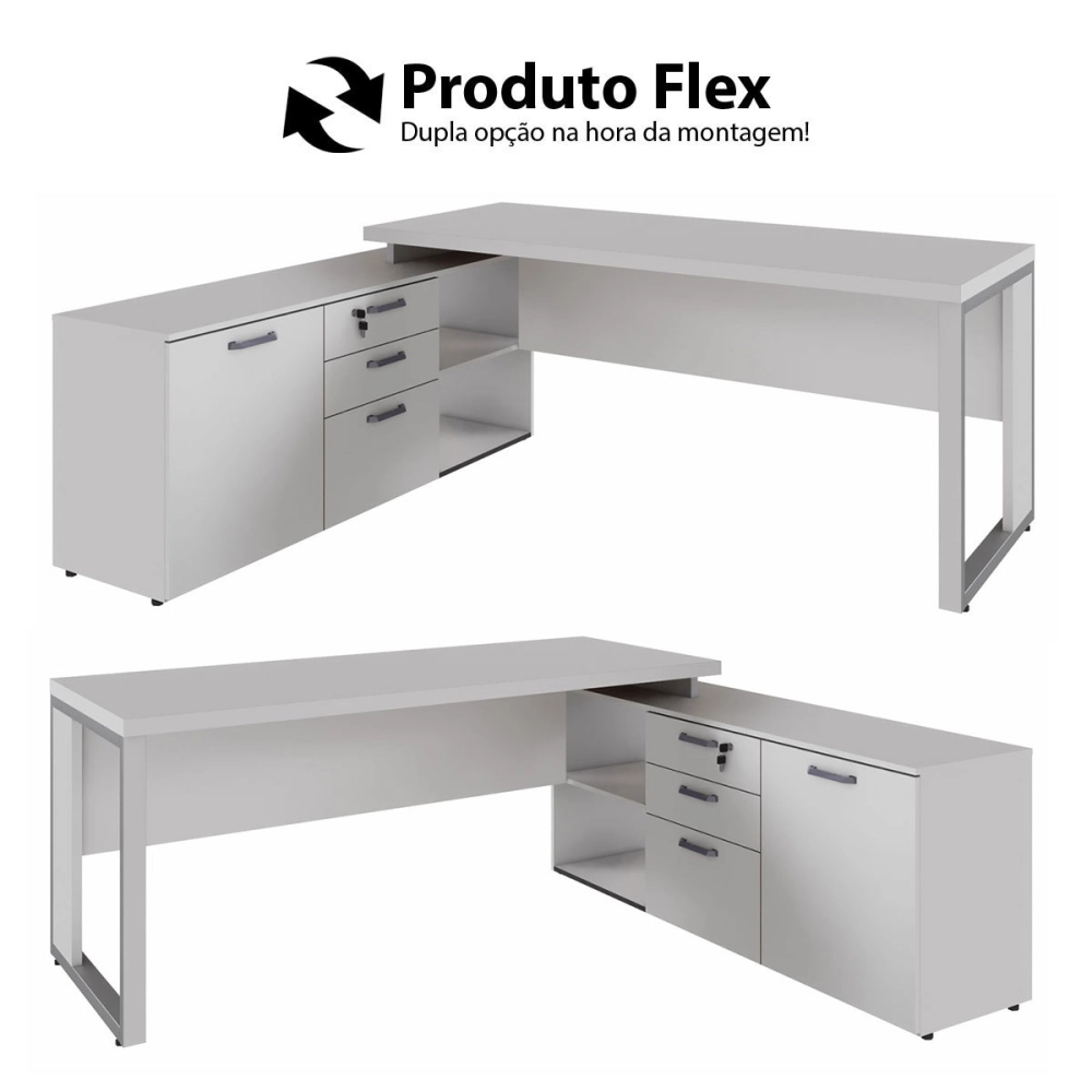 Mesa de Escritório Diretor em L Industrial 170cm Pé Metal F5 Cor:Cinza Claro