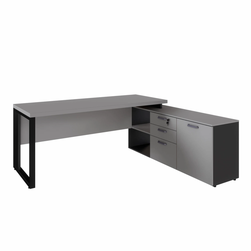 Mesa de Escritório Diretor em L Industrial 170cm Pé Metal F5 Cor:Cinza Sagrado com Preto