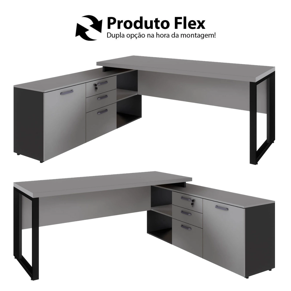 Mesa de Escritório Diretor em L Industrial 170cm Pé Metal F5 Cor:Cinza Sagrado com Preto