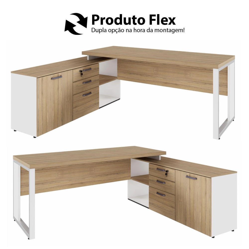 Mesa de Escritório Diretor em L Industrial 170cm Pé Metal F5 Cor:Macadâmia com Branco