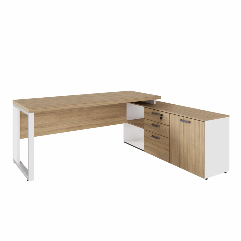 Mesa de Escritório Diretor em L Industrial 170cm Pé Metal F5 Cor:Macadâmia com Branco