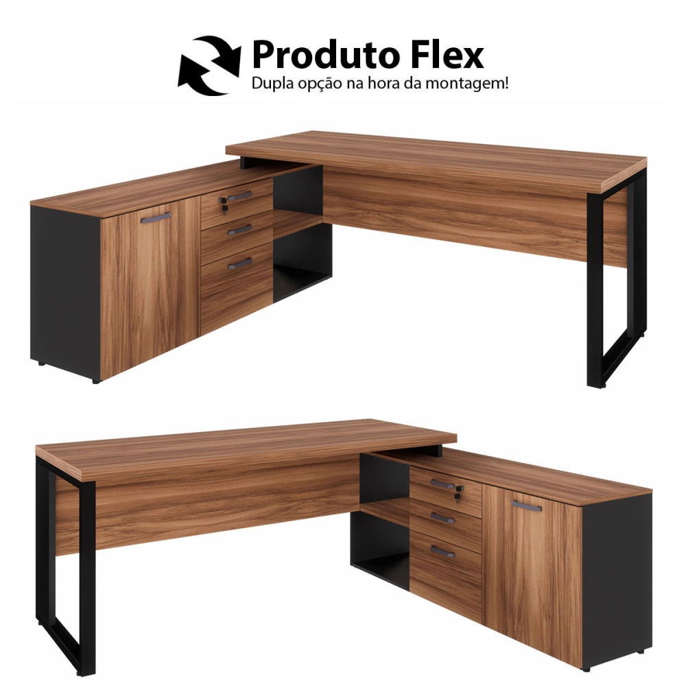 Mesa de Escritório Diretor em L Industrial 170cm Pé Metal F5 Cor:Nogal com Preto