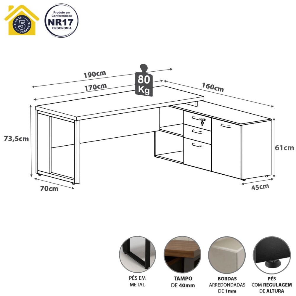 Mesa de Escritório Diretor em L Industrial 170cm Pé Metal F5 Cor:Nogal com Preto