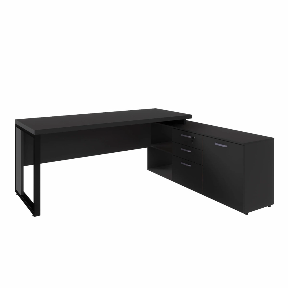 Mesa de Escritório Diretor em L Industrial 170cm Pé Metal F5 Cor:Preto