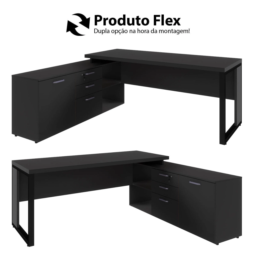Mesa de Escritório Diretor em L Industrial 170cm Pé Metal F5 Cor:Preto