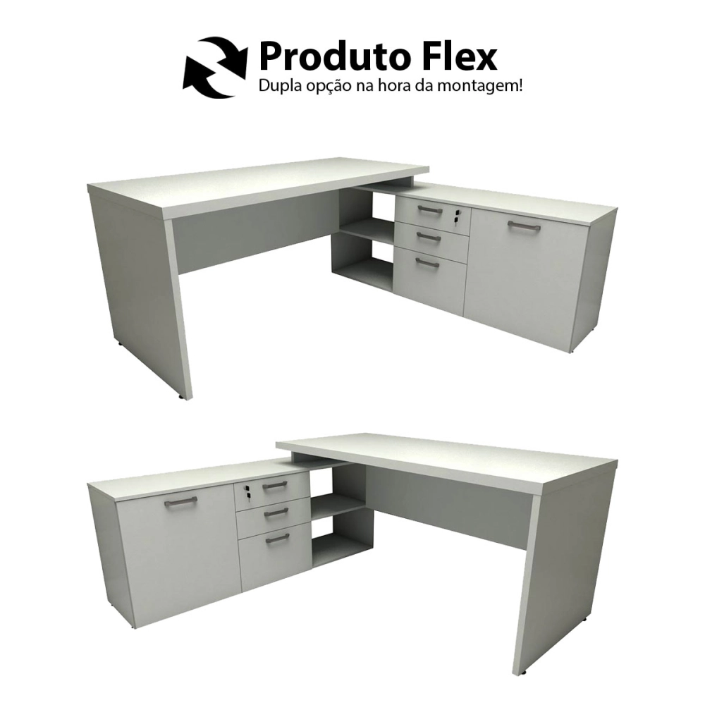Mesa de Escritório Em L 170cm com Balcão e 3 Gavetas Cor:Cinza Claro