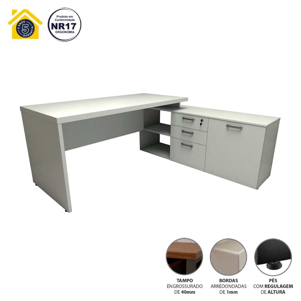 Mesa de Escritório Em L 170cm com Balcão e 3 Gavetas Cor:Cinza Claro