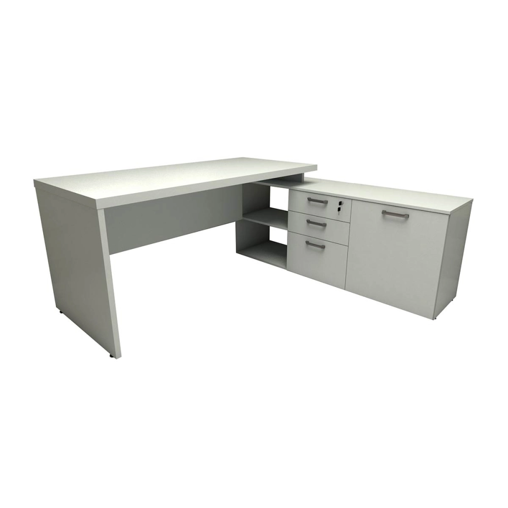 Mesa de Escritório Em L 170cm com Balcão e 3 Gavetas Cor:Cinza Claro