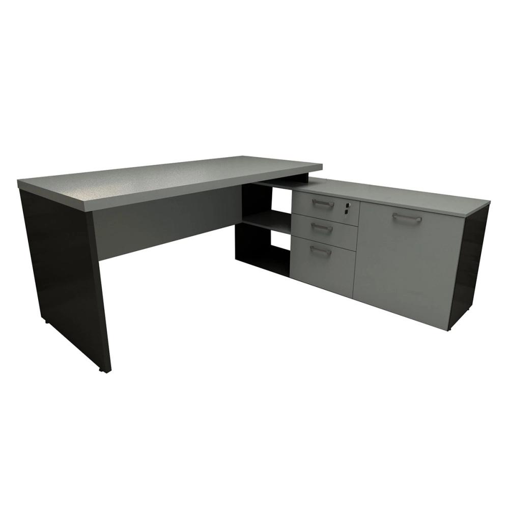 Mesa de Escritório Em L 170cm com Balcão e 3 Gavetas Cor:Cinza Sagrado com Preto