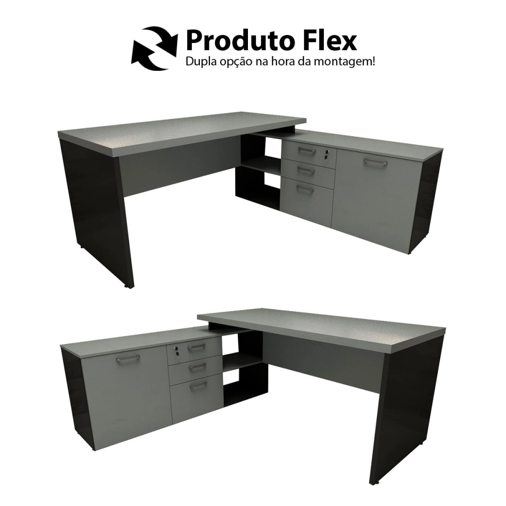 Mesa de Escritório Em L 170cm com Balcão e 3 Gavetas Cor:Cinza Sagrado com Preto