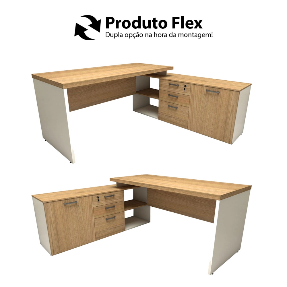 Mesa de Escritório Em L 170cm com Balcão e 3 Gavetas Cor:Macadâmia com Branco