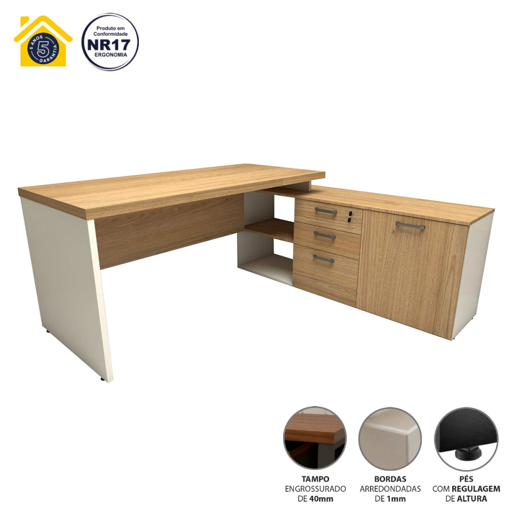 Mesa de Escritório Em L 170cm com Balcão e 3 Gavetas Cor:Macadâmia com Branco