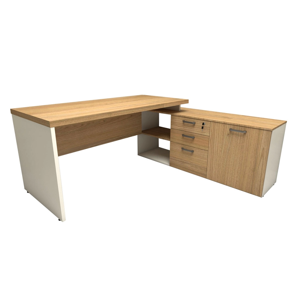 Mesa de Escritório Em L 170cm com Balcão e 3 Gavetas Cor:Macadâmia com Branco