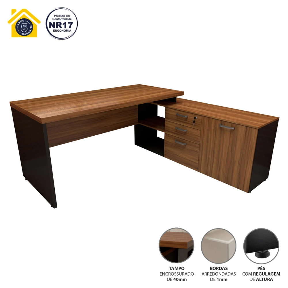Mesa de Escritório Em L 170cm com Balcão e 3 Gavetas Cor:Nogal com Preto