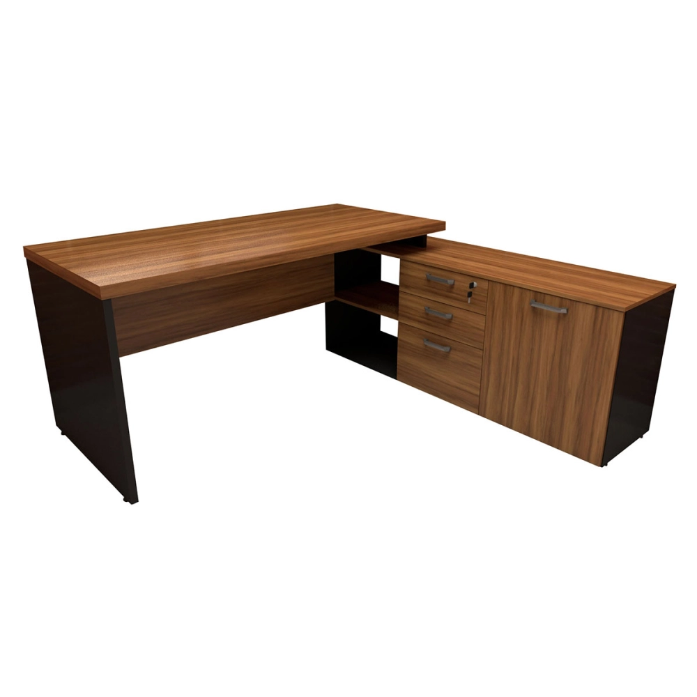 Mesa de Escritório Em L 170cm com Balcão e 3 Gavetas Cor:Nogal com Preto
