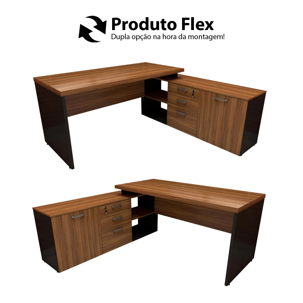 Mesa de Escritório Em L 170cm com Balcão e 3 Gavetas Cor:Nogal com Preto
