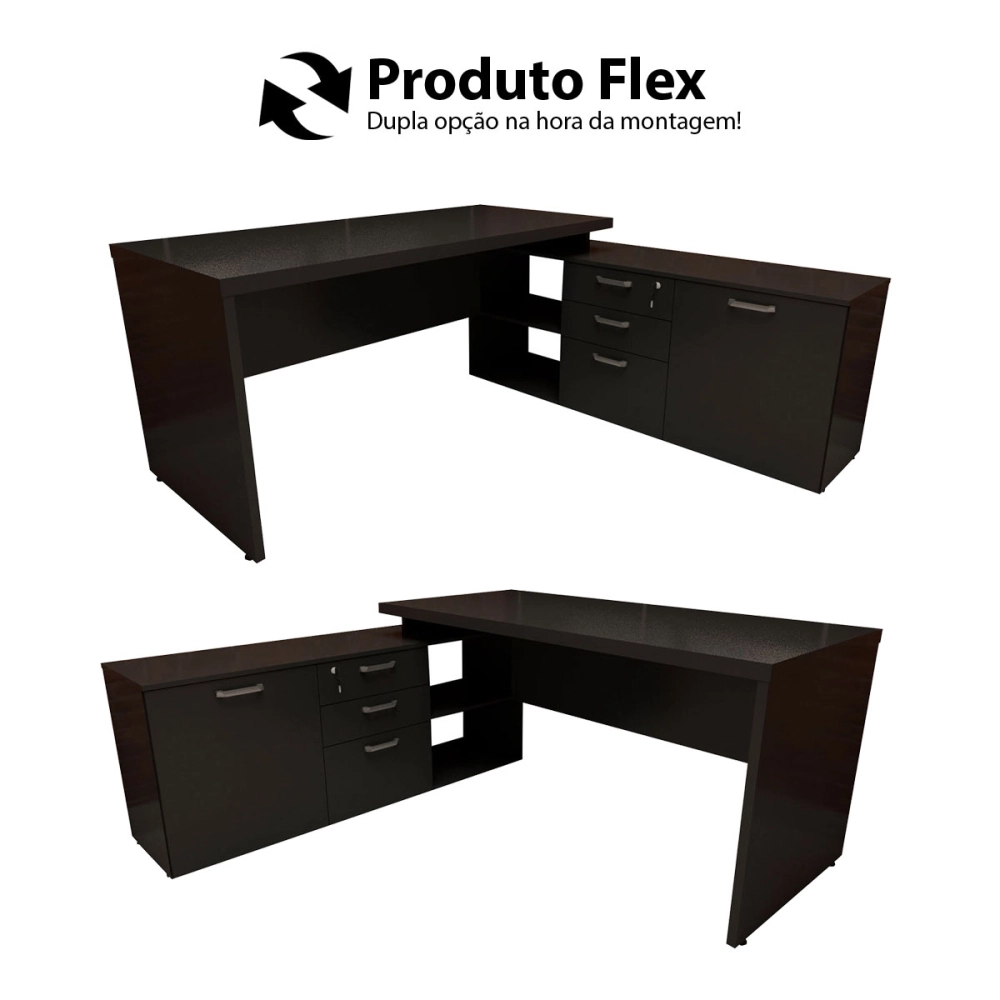 Mesa de Escritório Em L 170cm com Balcão e 3 Gavetas Cor:Preto