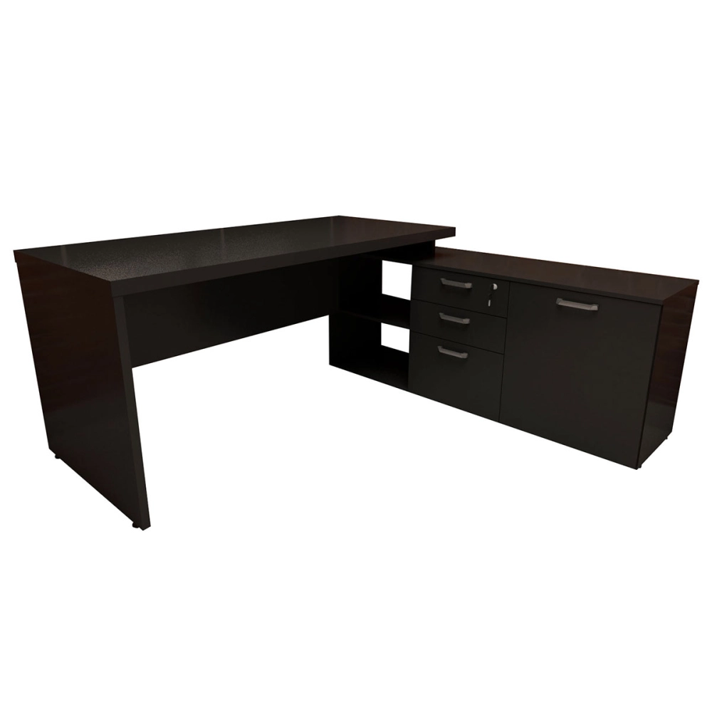 Mesa de Escritório Em L 170cm com Balcão e 3 Gavetas Cor:Preto