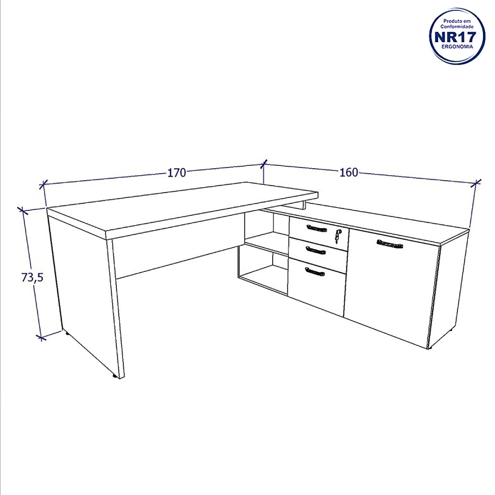 Mesa de Escritório Em L 170cm com Balcão e 3 Gavetas Cor:Preto