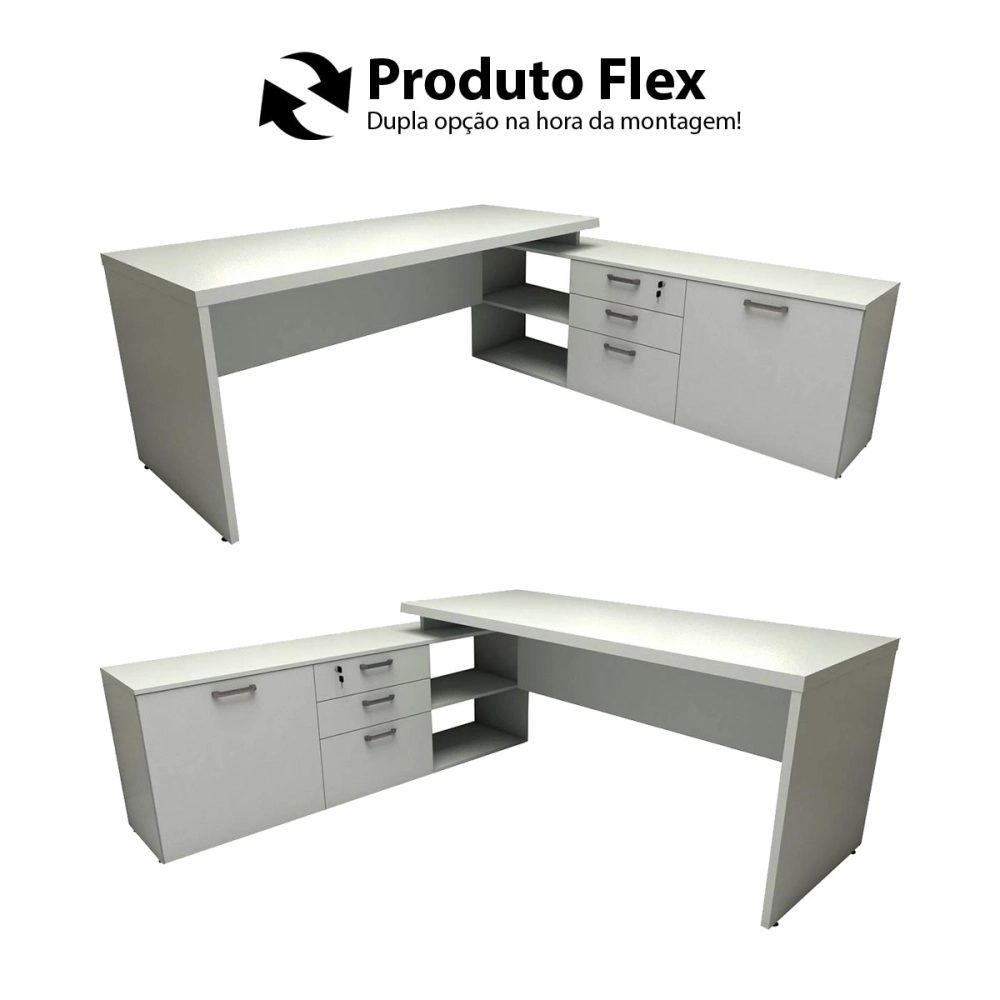 Mesa de Escritório Em L 190cm Tampo 40mm Balcão e 3 Gavetas Cor:Cinza Claro