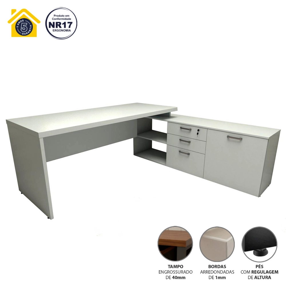 Mesa de Escritório Em L 190cm Tampo 40mm Balcão e 3 Gavetas Cor:Cinza Claro